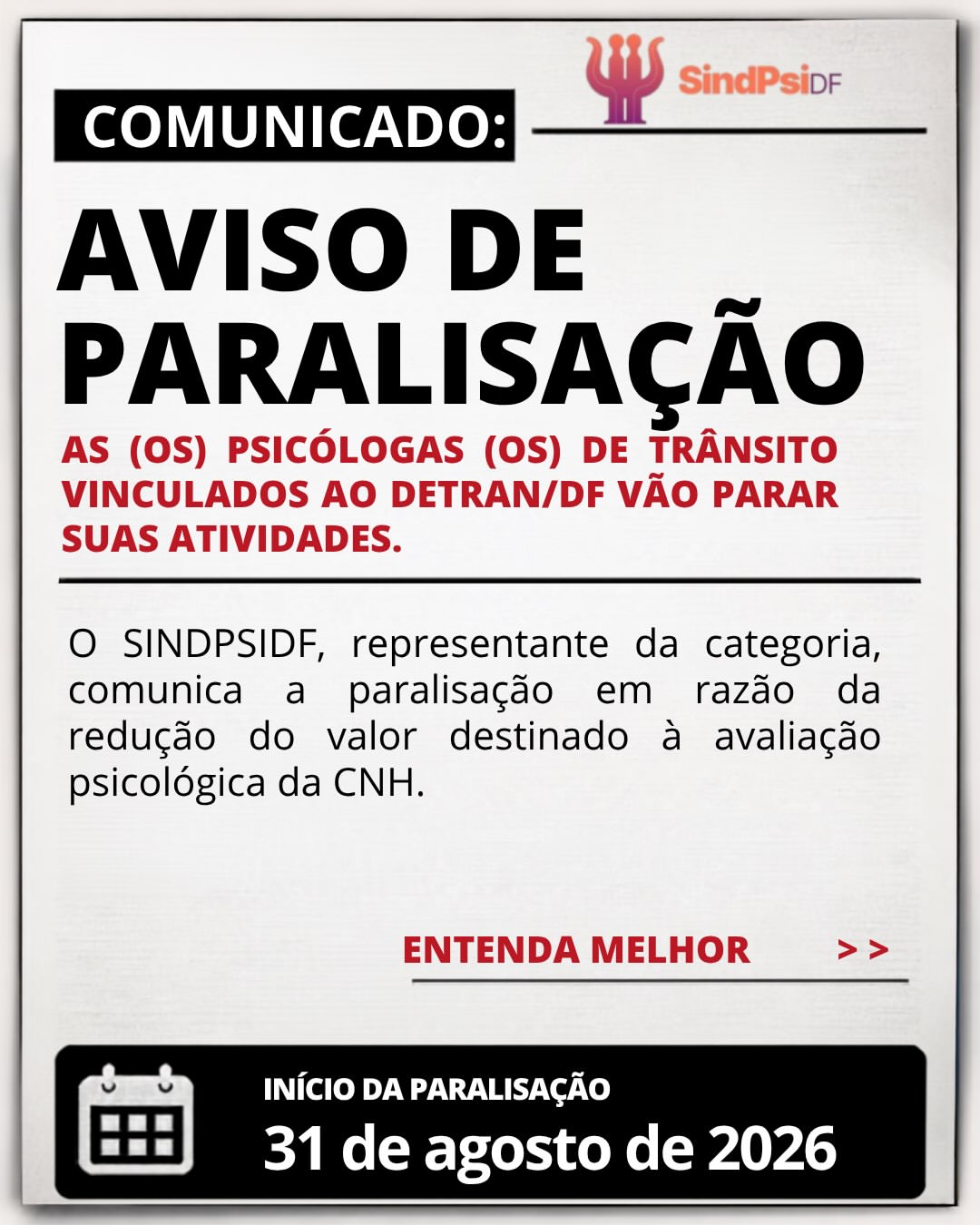 Psicólogas e psicólogos de trânsito do DF entram em greve a partir de 31/08